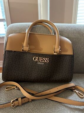 GUESS Brown & Tan Logo Satchel with Gold Hardware